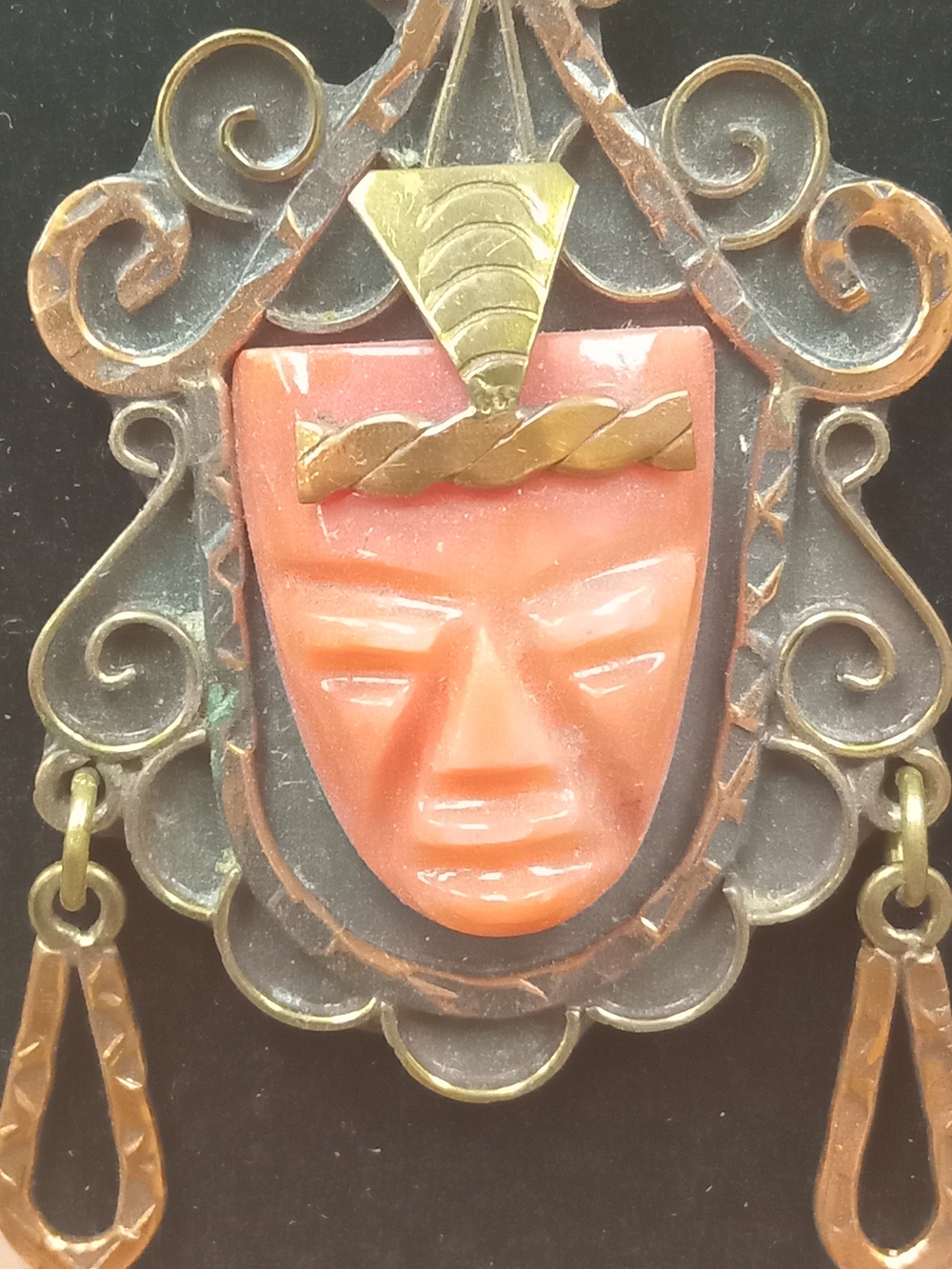 1950s Mexico Copper and Carved Coral Pendant Aztec-themed Necklace - Picture 3 of 6